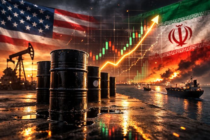 investire sul petrolio barili petrolio, bandiera Usa e Iran e grafico al rialzo