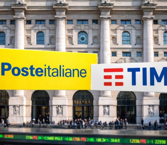 facciata borsa di Milano e loghi Poste e TIM