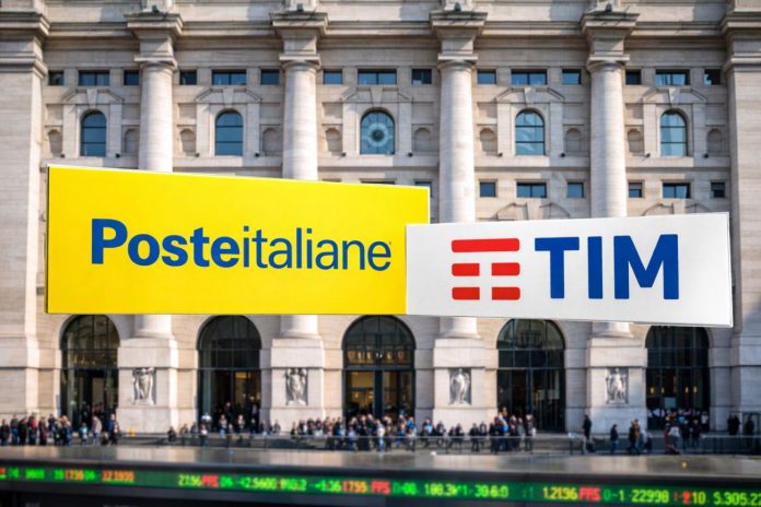 poste italiane e Telecom Italia facciata borsa di Milano e loghi Poste e TIM