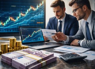 trader che analizzano grafici e cash da dividendi sul tavolo