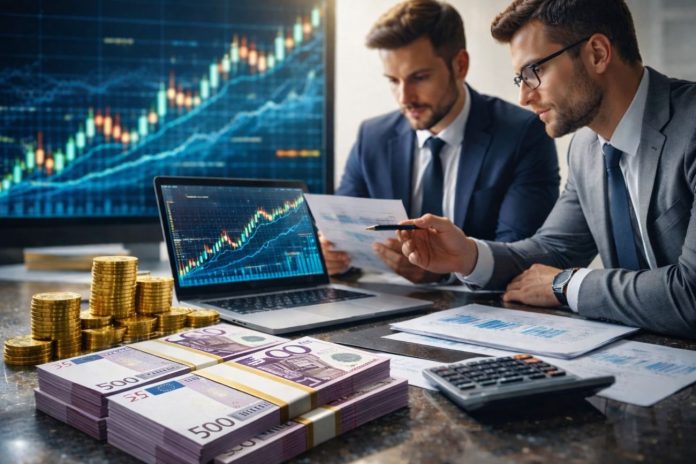 trader che analizzano grafici e cash da dividendi sul tavolo