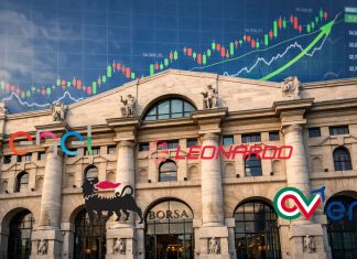 facciata borsa di Milano con grafico sullo sfondo