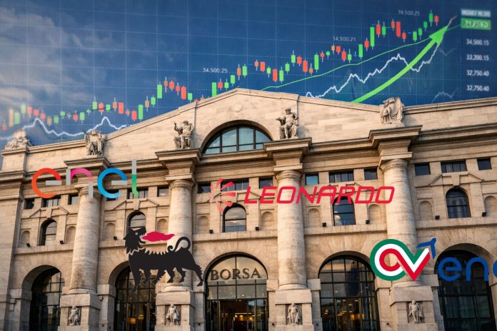 enel enav leonardo eni facciata borsa di Milano con grafico sullo sfondo