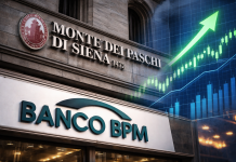 grafico in rialzo e insegne MPS e Banco BPM