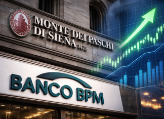 grafico in rialzo e insegne MPS e Banco BPM
