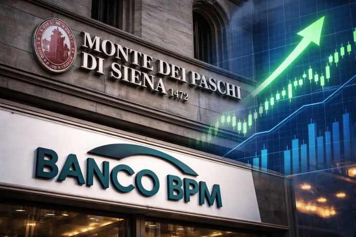 mps banco bpm grafico in rialzo e insegne MPS e Banco BPM