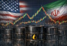 barili petrolio e grafico a candele