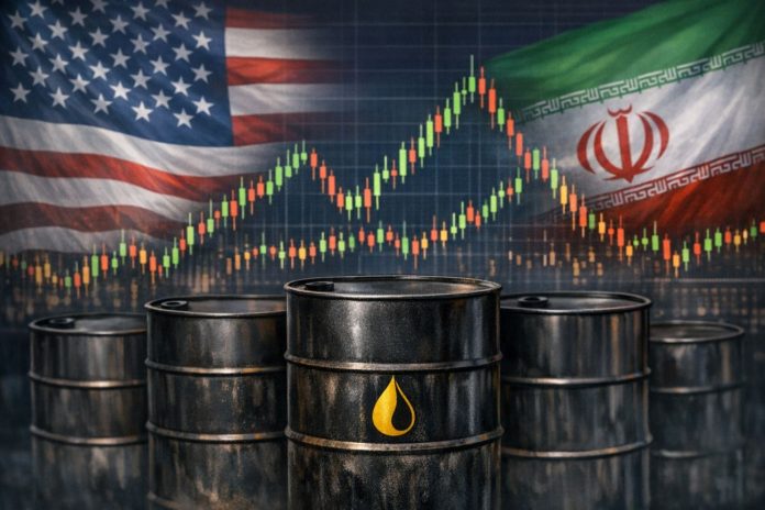 barili petrolio e grafico a candele