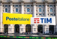Azioni TIM e OPAS Poste Italiane: cosa cambia con deposito documento? loghi Poste e TIM e sullo sfondo la borsa di Milano