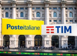 loghi Poste e TIM e sullo sfondo la borsa di Milano