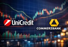 grafico a candele e loghi Unicredit e Commerzbank