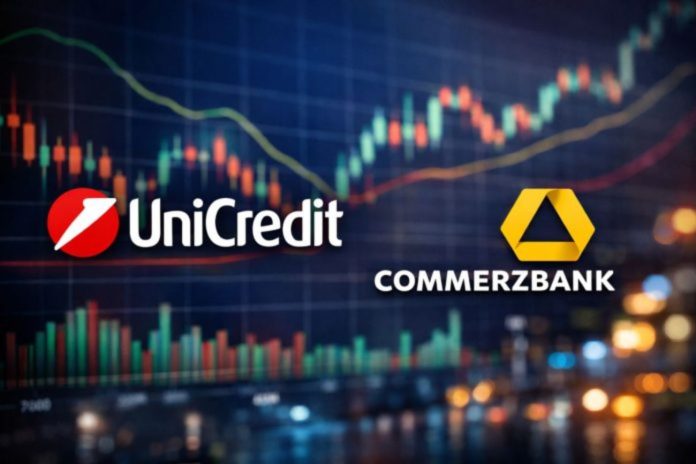 grafico a candele e loghi Unicredit e Commerzbank
