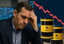 investitore preoccupato e barili di petrolio