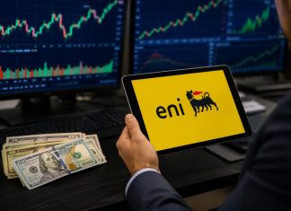 logo Eni sui tablet e dollari accanto