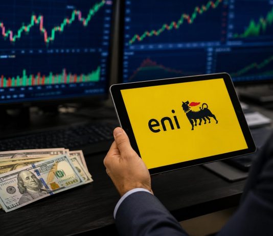 logo Eni sui tablet e dollari accanto