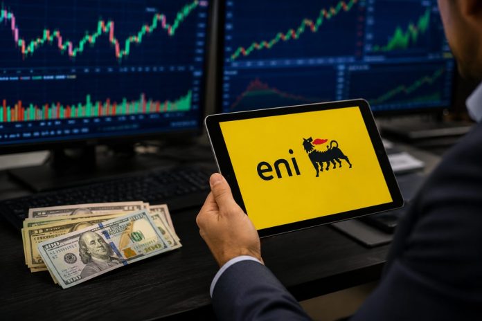 bond Eni dollari logo Eni sui tablet e dollari accanto