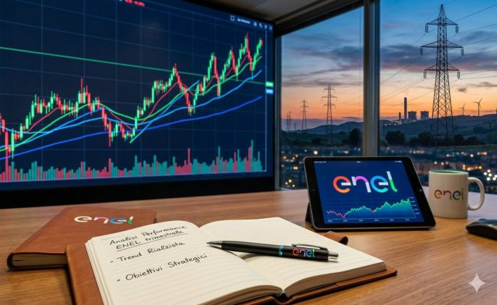 desktop con grafico e logo Enel su tablet