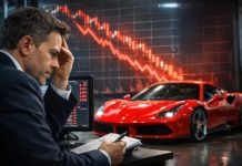 Azioni Ferrari crollano: cosa centra la prima auto elettrica? una Ferrari e un grafico al ribasso