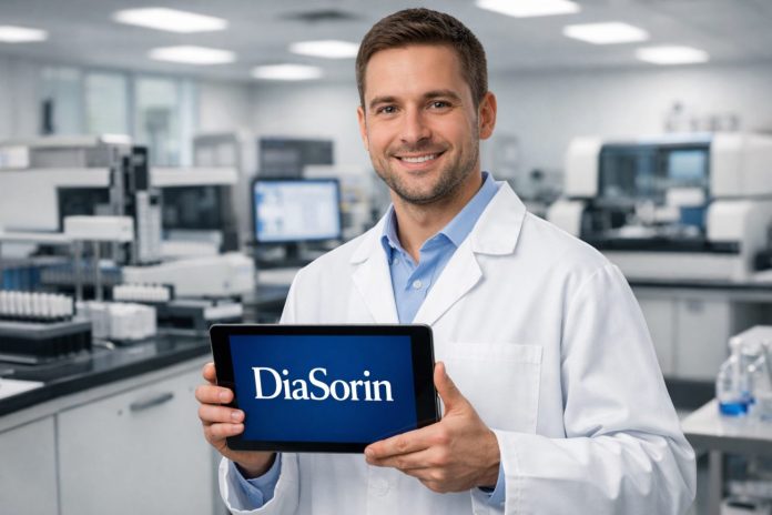 tecnico diagnosi con tablet con logo diasorin