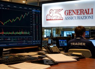 trader in sala operativa e insegna Generali