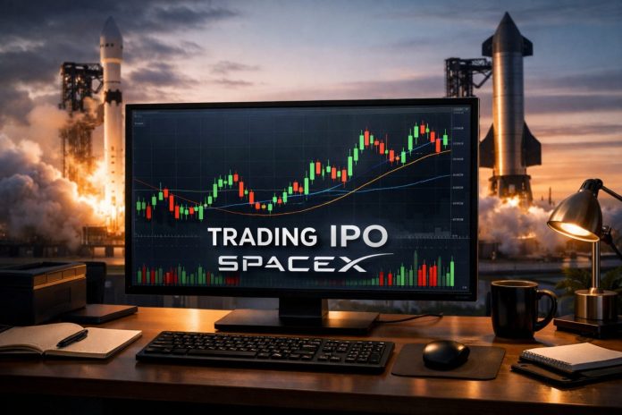 ipo di spacex razzo con davanti desktop con grafico a candele
