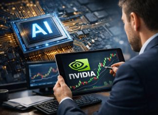 trader con tablet con logo Nvidia