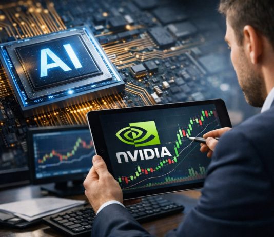 trader con tablet con logo Nvidia