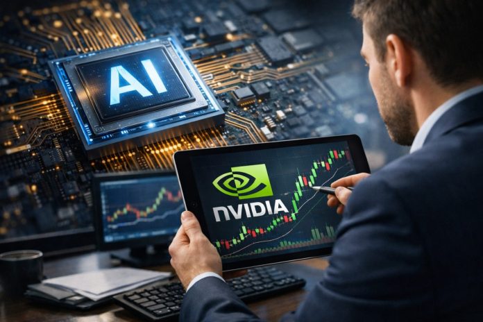 trimestrale nvidia trader con tablet con logo Nvidia