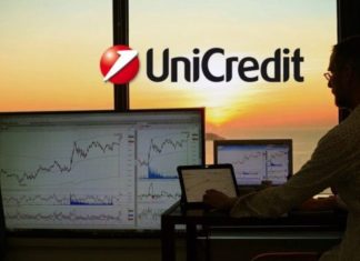 chart di trading e logo Unicredit sullo sfondo