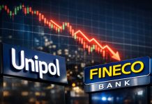 Azioni Unipol e Fineco sbandano. Centra la mini-patrimoniale sui fondi pensione? grafico in ribasso con insegne Unipol e Fineco