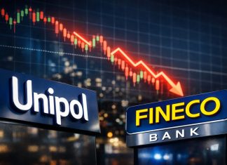 grafico in ribasso con insegne Unipol e Fineco