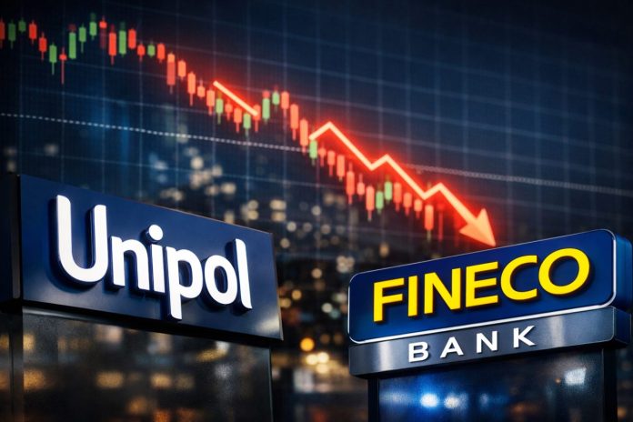 grafico in ribasso con insegne Unipol e Fineco