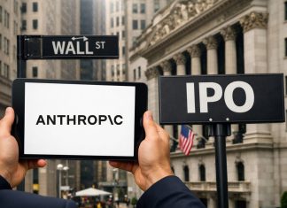 sfondo Wall Street e logo Anthropic su tablet