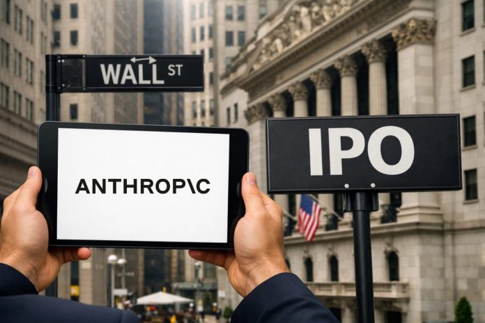 sfondo Wall Street e logo Anthropic su tablet