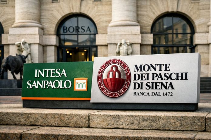 Intesa Sanpaolo e MPS facciata borsa di Milano