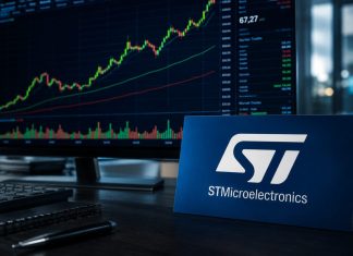 grafico borsa e desktop con insegna STM