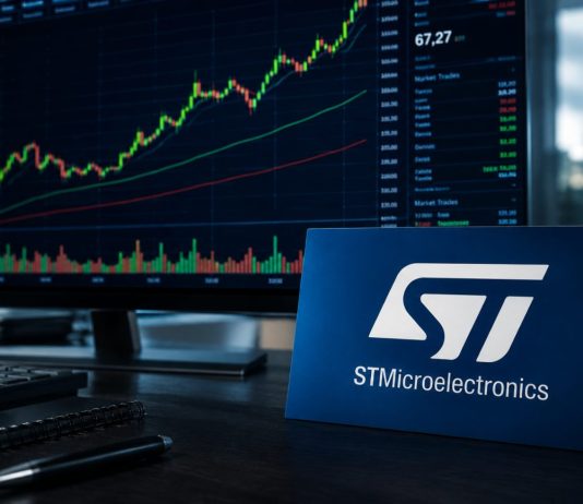 grafico borsa e desktop con insegna STM