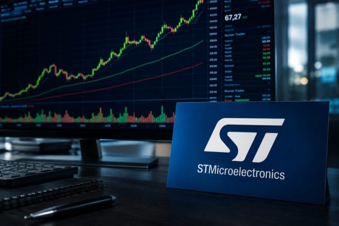 STMicroelectronics grafico borsa e desktop con insegna STM