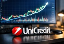 Azioni Unicredit snobbano nein Germania a OPS Commerzbank: perchè mai? grafico a candele al rialzo e logo Unicredit