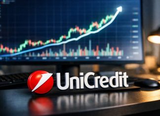 grafico a candele al rialzo e logo Unicredit
