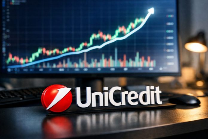 grafico a candele al rialzo e logo Unicredit