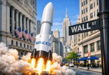 Investire in azioni SpaceX già al primo giorno di quotazione conviene? razzo e insegna Wall Street