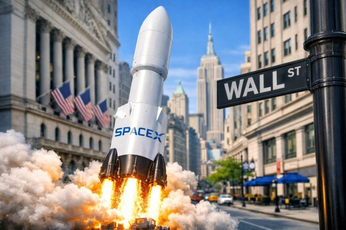 azioni di spacex razzo e insegna Wall Street