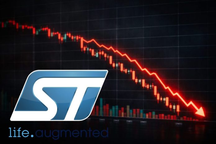 crollo stm grafico di sell-off e logo STM
