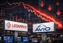 grafico al ribasso e loghi Leonardo e Avio su monitor