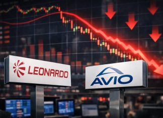 grafico al ribasso e loghi Leonardo e Avio su monitor