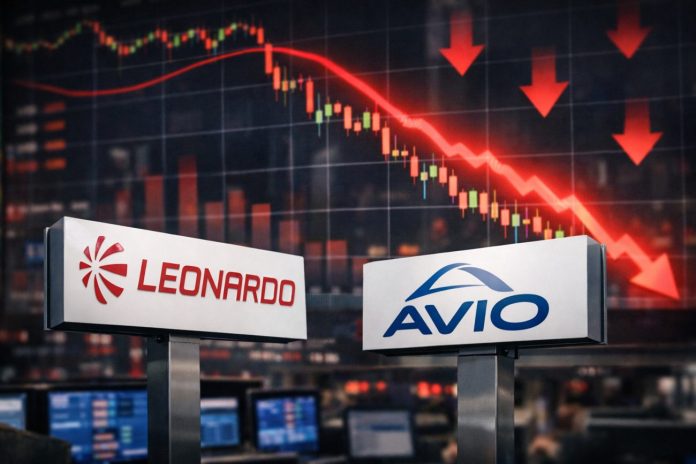 down leonardo avio grafico al ribasso e loghi Leonardo e Avio su monitor