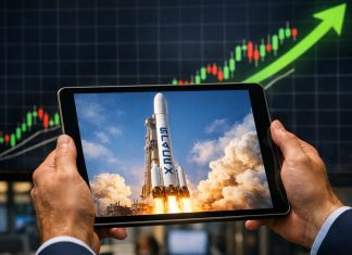 grafico al rialzo e razzo su tablet