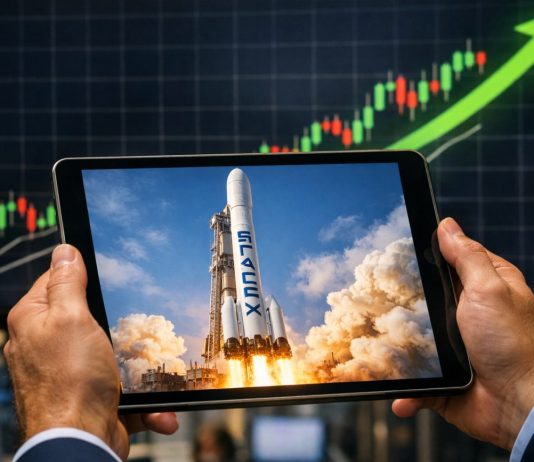 grafico al rialzo e razzo su tablet