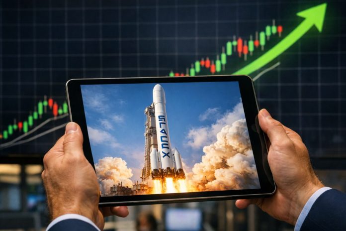 grafico al rialzo e razzo su tablet